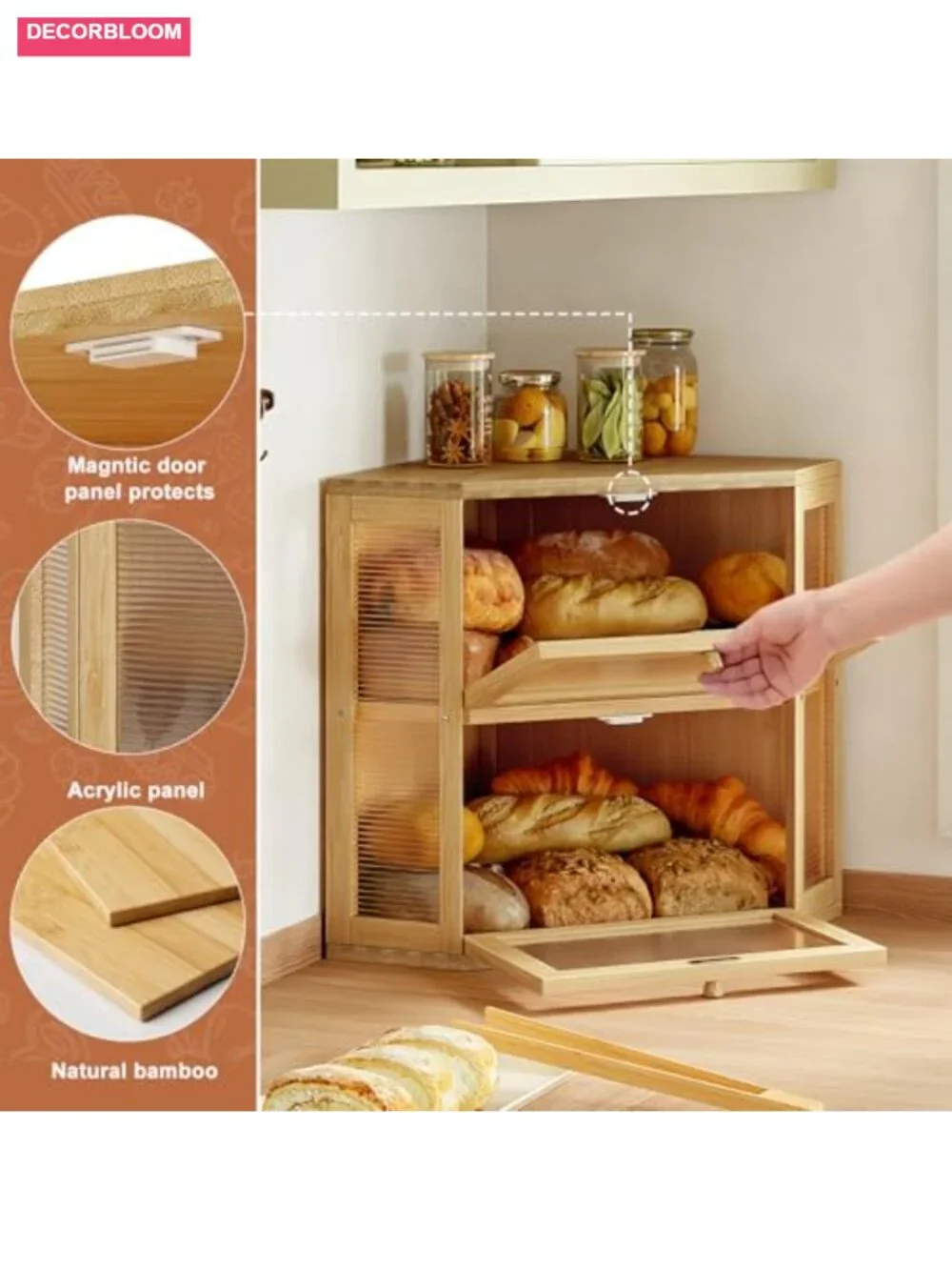 Double Layer Corner Bread Box with 2 Doors, Bamboo Kitchen Storage